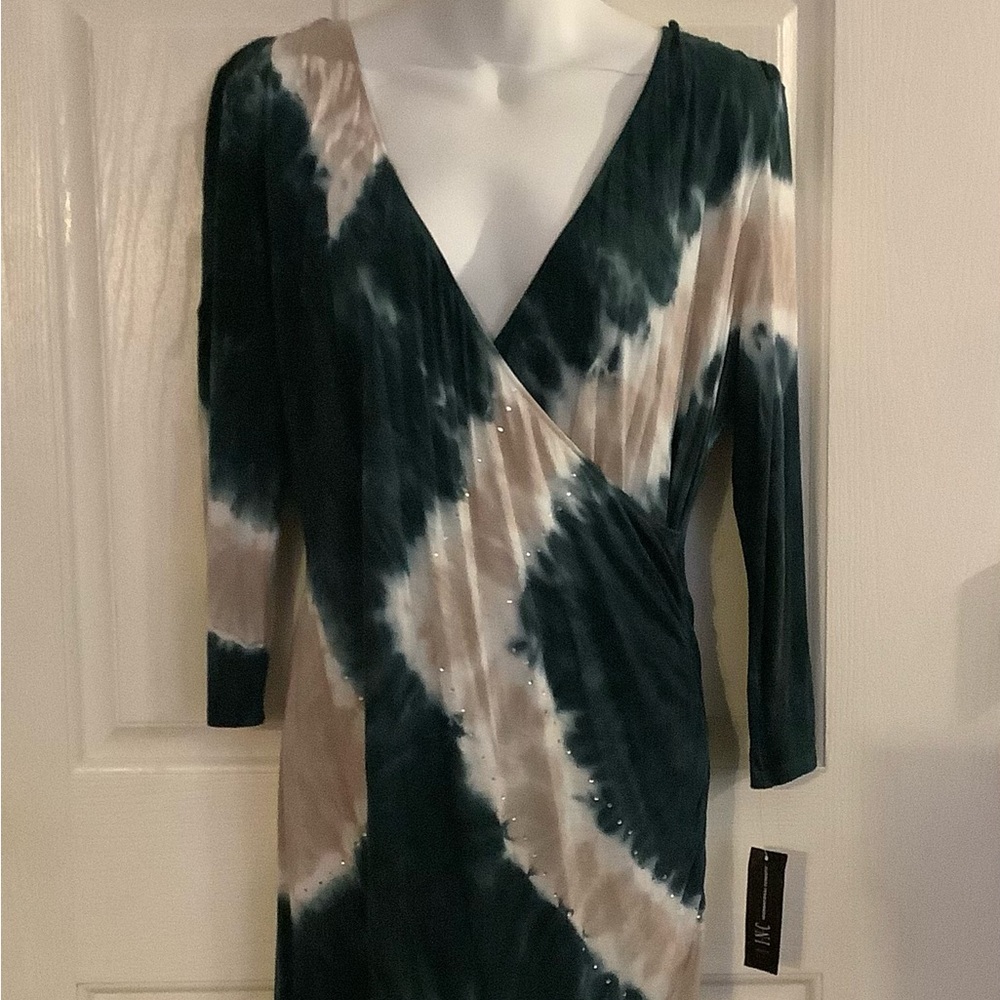 INC Brand Dress, Squiggle Tie-Die in green, beige. & cream, size large.